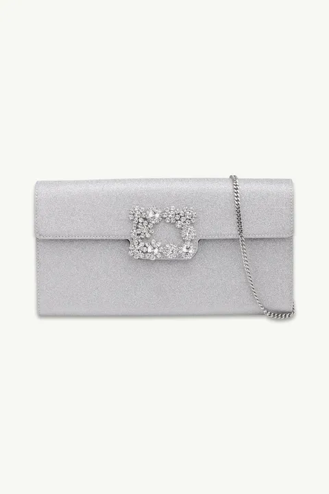 ROGER VIVIER Flower Strass Buckle Clutch in Silver Glitter Fabrics