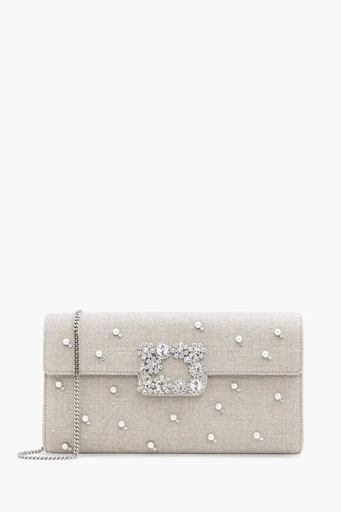 ROGER VIVIER Flower Strass Buckle Pearls Clutch in Beige Fabric
