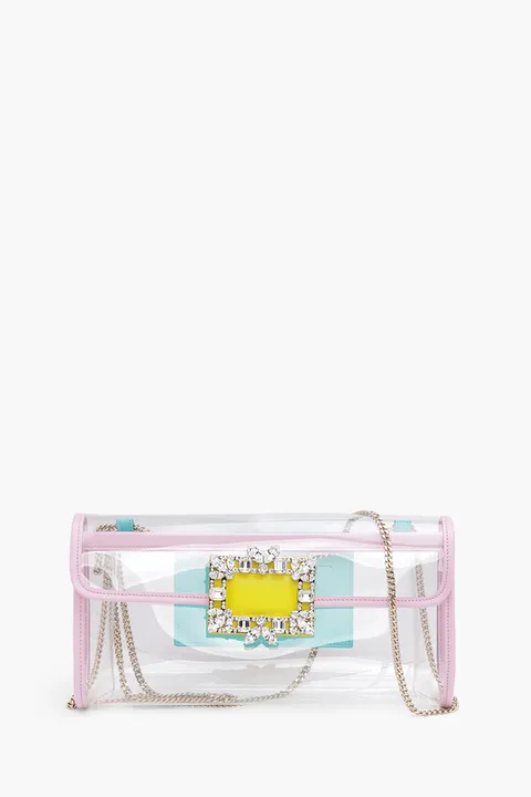 ROGER VIVIER Broche Vivier Buckle Clutch in Green/Pink/Yellow PVC