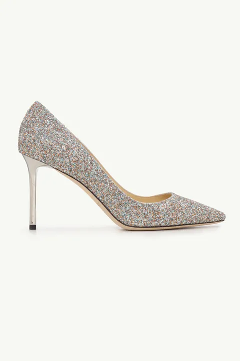 JIMMY CHOO Romy Pumps 85mm in Silver Multicolors Joy Coarse Glitter