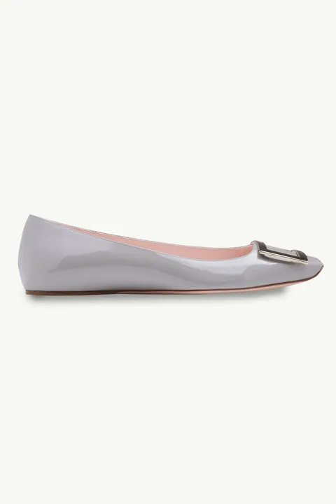 ROGER VIVIER Trompette Metal Buckle Ballerina in Grey Patent Leather