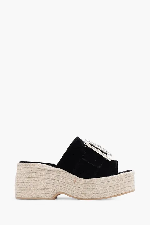 ROGER VIVIER Strass Vivier Buckle Espadrille Platform 85mm Mules in Black Velvet