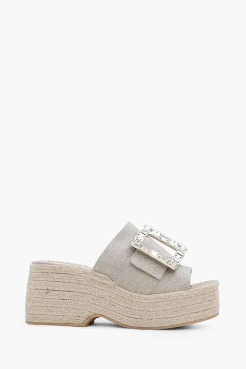 ROGER VIVIER Strass Buckle Espadrille Platform Mules 80mm in Beige Fabric