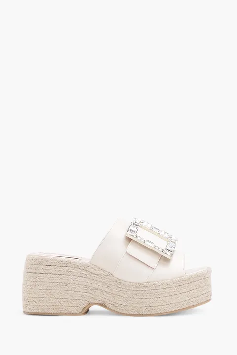 ROGER VIVIER Strass Vivier Buckle Espadrille Platform 85mm Mules in Off White Soft Leather