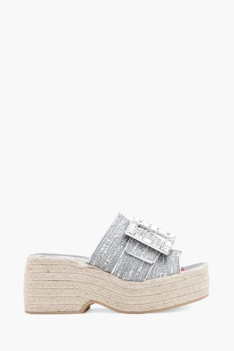 ROGER VIVIER Strass Vivier Buckle Espadrille Platform Mules in Light Blue Fabrics