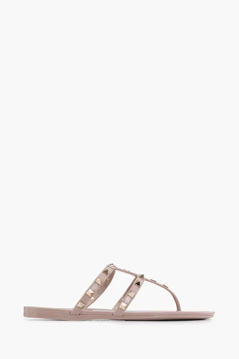 VALENTINO Rockstud Flat Rubber Sandals in Nude Poudre