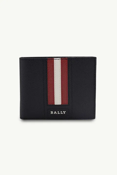 BALLY Men Tydan Bi-Fold Wallet in Black Bovine Leather with Red/White Stripe